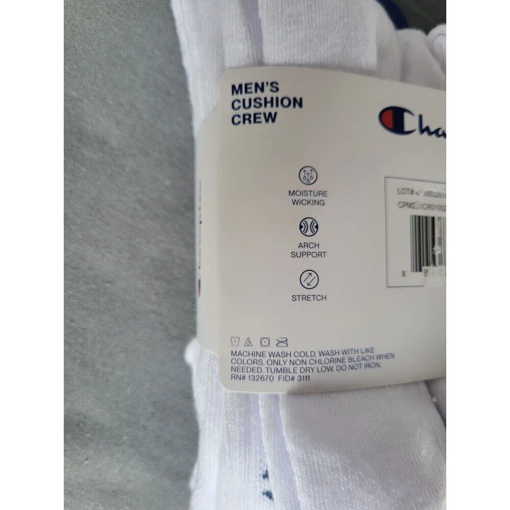 Champion Men's Performance Cushion Crew White Socks w/Logo 5 Prs Size 6-12.5 NWT